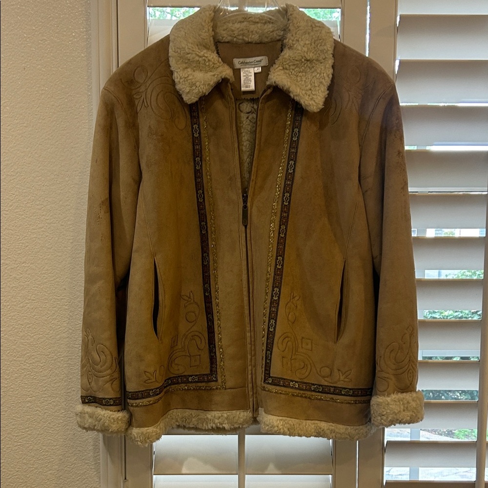Coldwater Creek Brown Shearling Jacket with Embroidery